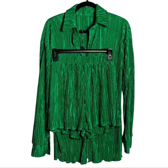 Oversized 2piece Pleated Long Sleeve Button Blouse Top Wide Leg Short Set Size S - Picture 1 of 16